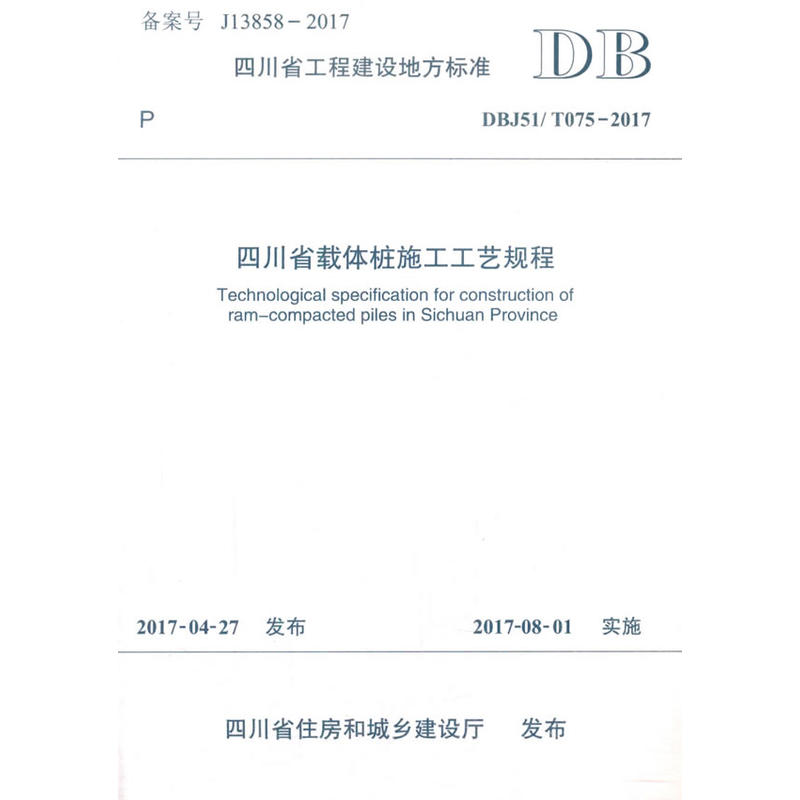 四川省工程建设地方标准四川省载体桩施工工艺规程:DBJ51/T075-2017