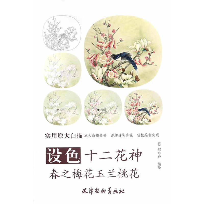 设色十二花神春之梅花玉兰桃花-实用原大白描